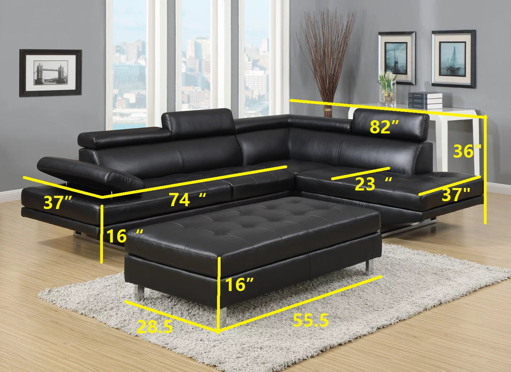 Black Bonded Leather 3-piece Sectional Sofa Set E66589