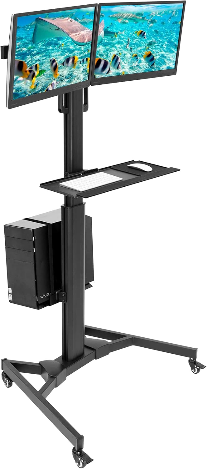 Adjustable Mobile Dual Monitor PC Workstation Cart with Keyboard Tray N375335