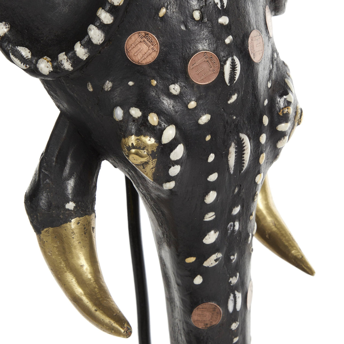 Hand-Carved Brown Wood and Aluminum Elephant Mask on Stand D6705