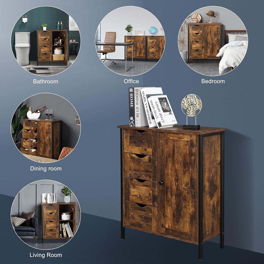 Rustic Brown 4 Drawer 1 Door Wooden Metal Frame Bathroom Floor Cabinet P19450