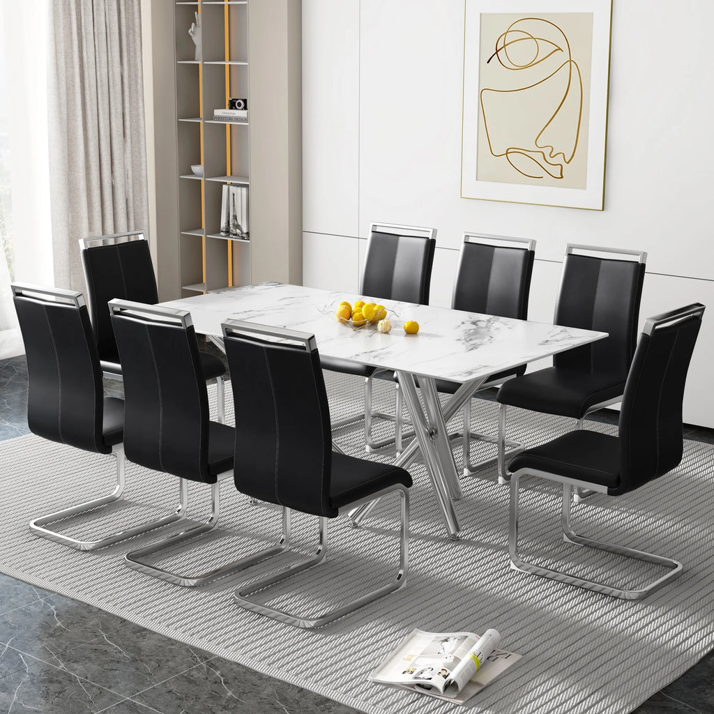 Rectangular Glass Dining Table for 6-8 People with Tempered Glass Top and Silver Metal Legs E722750