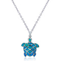 18" Rhodium Created Blue Opal Turtle Dangling Necklace V19666
