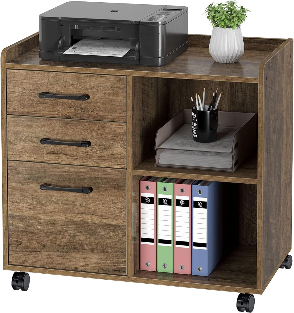 Black 3-Drawer Mobile Lateral File Cabinet with Open Storage Shelf and Wheels F832778