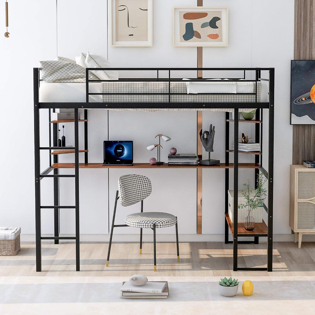 Twin Size Low Loft Bed with Slide, Storage Staircase, Safety Guardrails, Solid Pine Wood Bedframe, White E5527