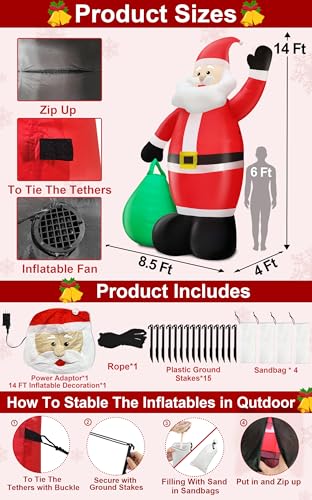 14 Ft by 8.5 Ft Giant Christmas Inflatable Santa Claus with Gift Bag Outdoor Decorations F12027