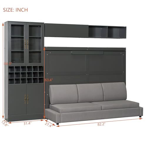 Grey Queen Size Murphy Bed with Sofa and Shelves E688