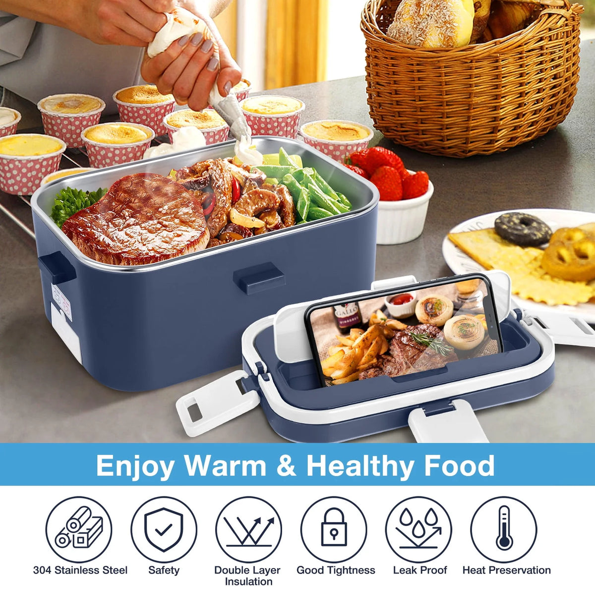 Electric Lunch Box Food Heater 60W 1.8L Stainless Steel Green Royal Blue N9727