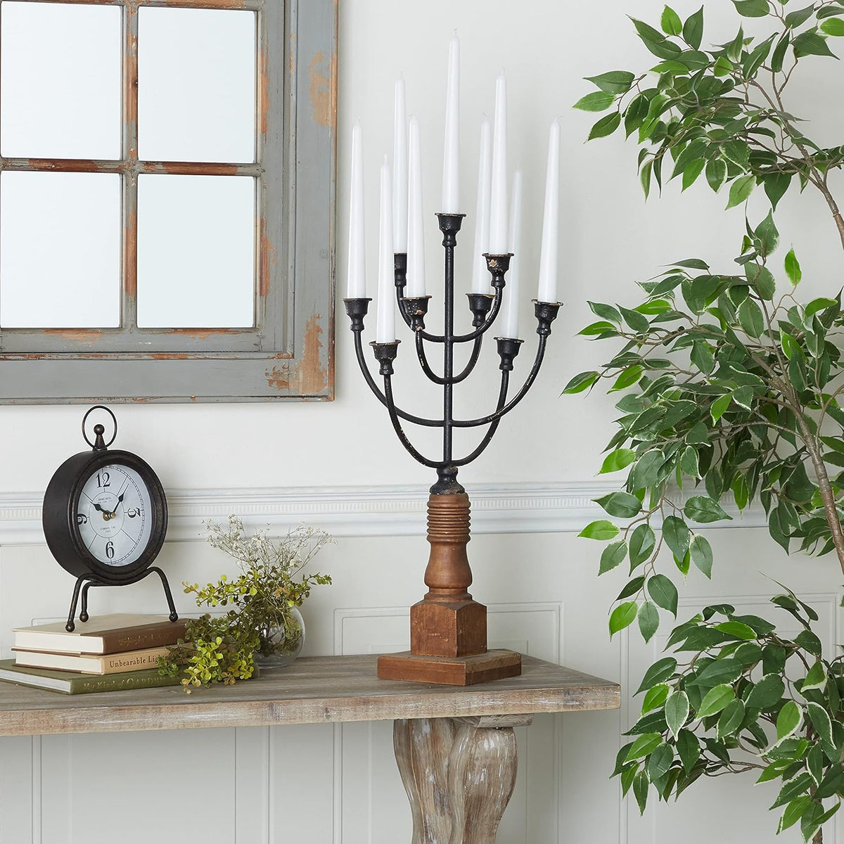 White Iron Candelabra Holds 10 Pillar Candle Holders J92490