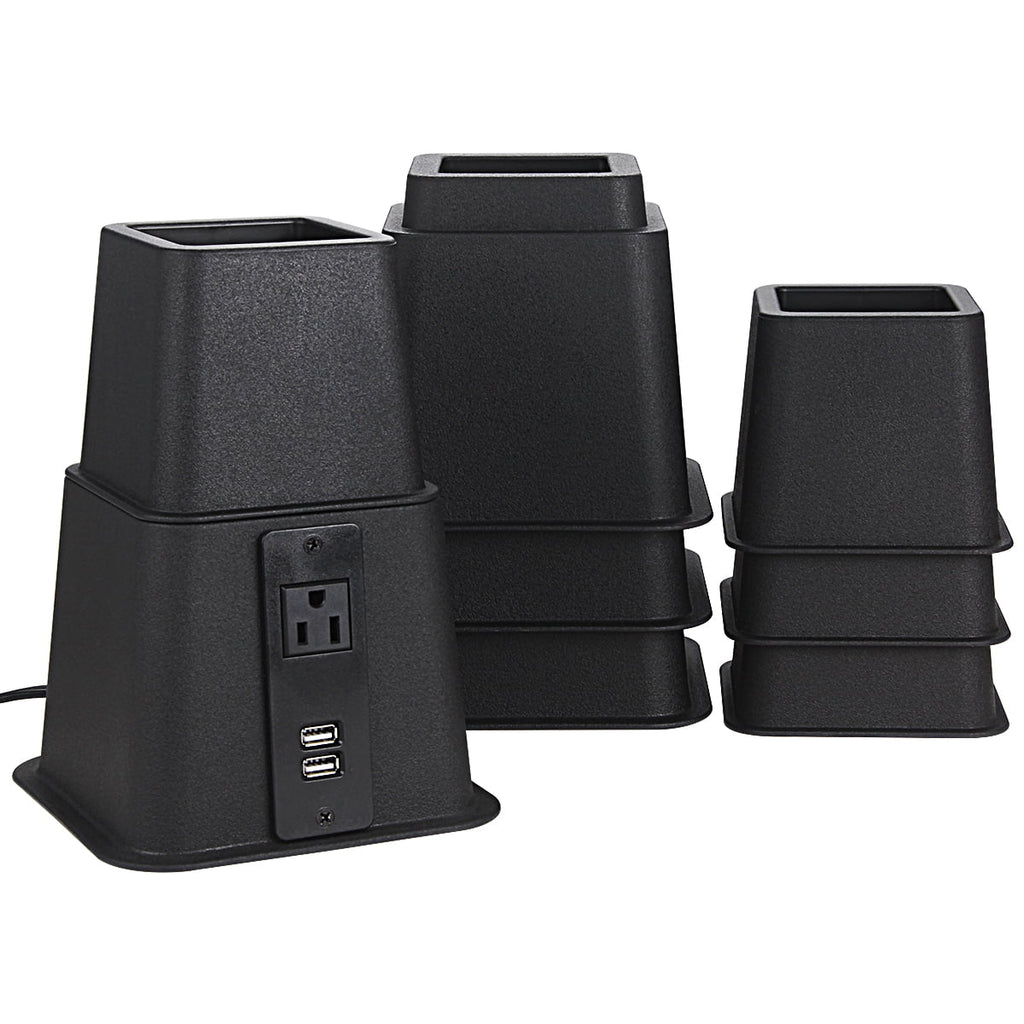 Black Adjustable Bed Riser with Power Outlet and USB Ports Set of 4 B5762