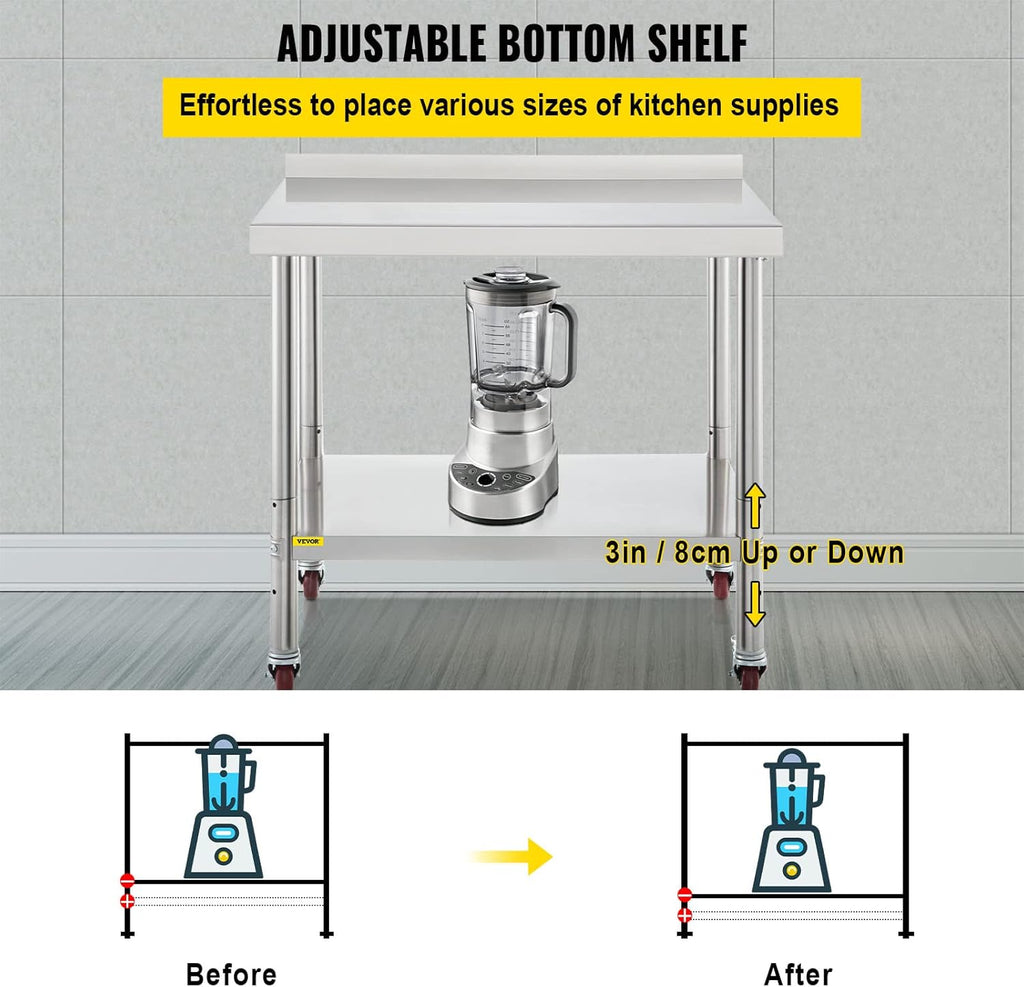 Stainless Steel Prep Table, 30 x 24 x 35 Inch, 440lbs Load Capacity, with Backsplash, Adjustable Undershelf & 4 Casters W632454