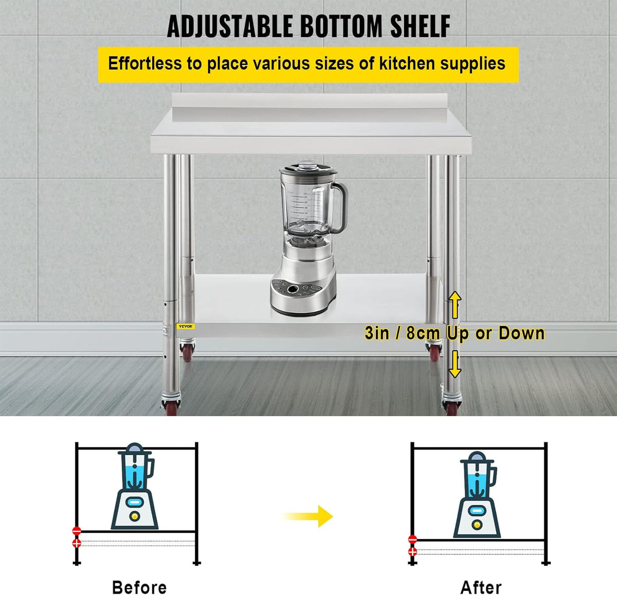 Stainless Steel Prep Table, 30 x 24 x 35 Inch, 440lbs Load Capacity, with Backsplash, Adjustable Undershelf & 4 Casters W632454