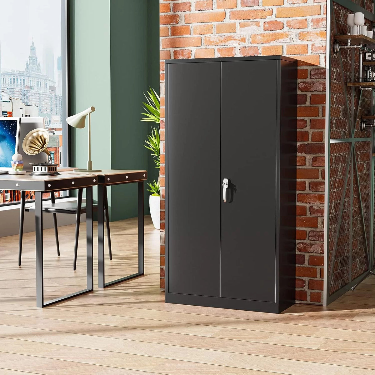 71 In Black Metal Storage Cabinet with Locking Doors and Adjustable Shelves E3879