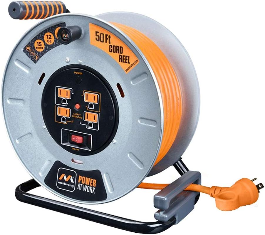 Heavy Duty Metal Cord Reel with 4 Outlets and 12 Gauge Cord (100ft) V567