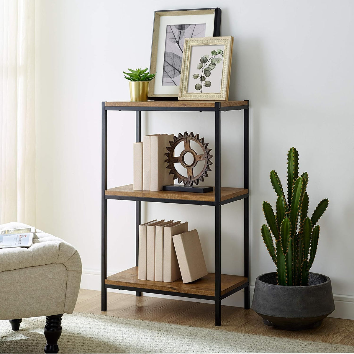 3 Tier Rustic Industrial Bookshelf with Open Shelves A2604
