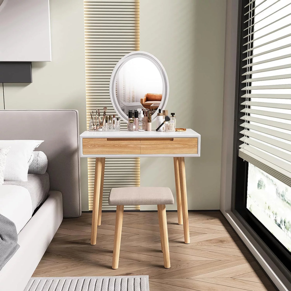 31.5'' Makeup Vanity Desk with Oval Mirror and Stool V814