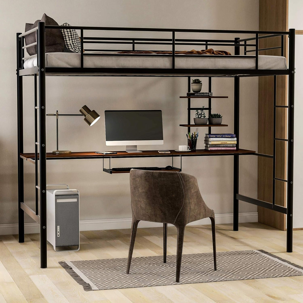 Twin Size Low Loft Bed with Slide, Storage Staircase, Safety Guardrails, Solid Pine Wood Bedframe, White E5527