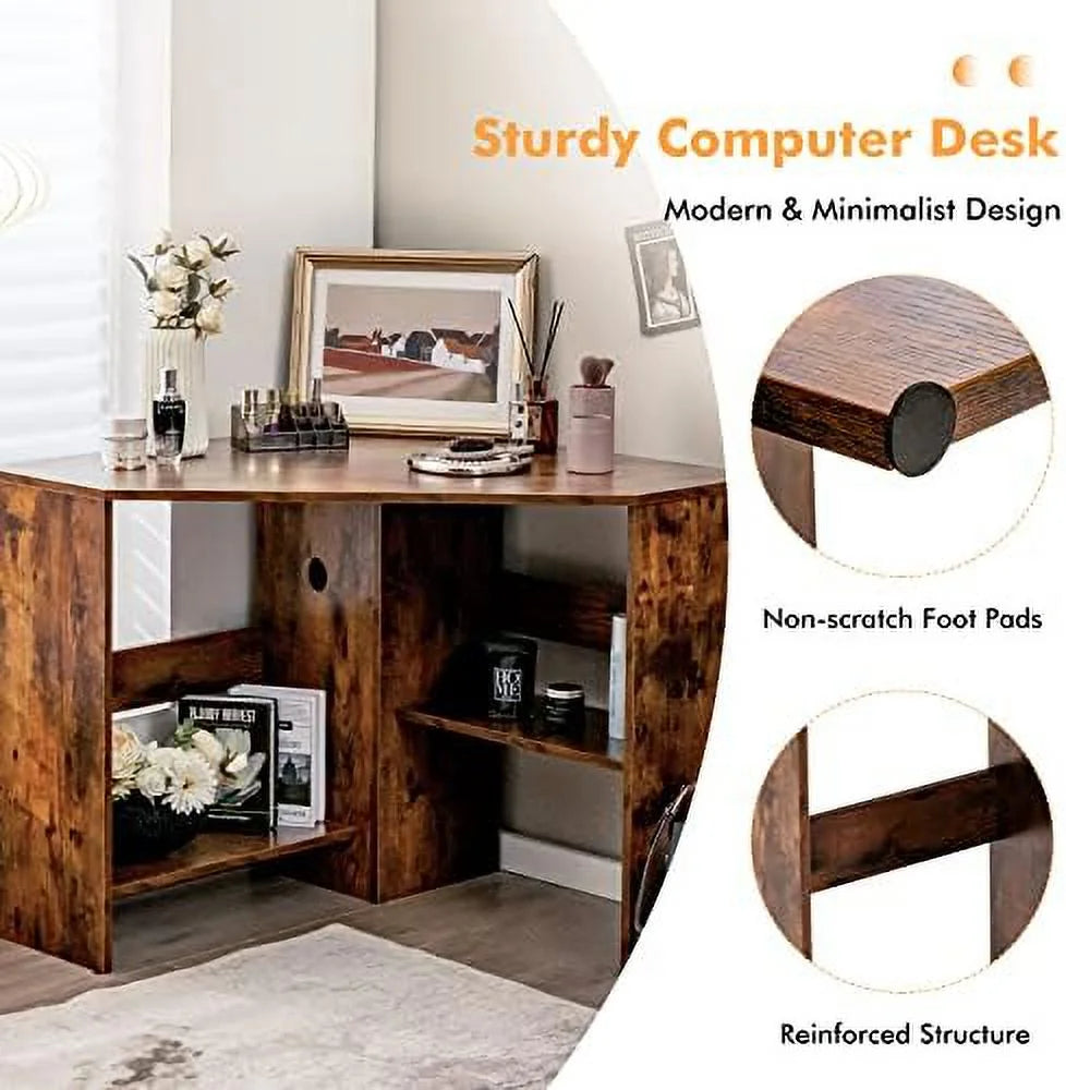 Corner Computer Desk Triangular Writing Desk with 2 Shelves Y49776