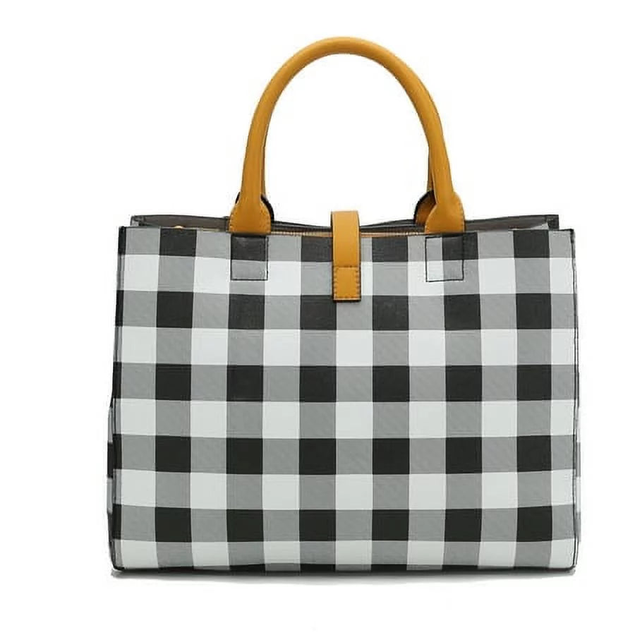 Vegan Leather Checkered Satchel Bag with Wallet 2 Piece Set N73922