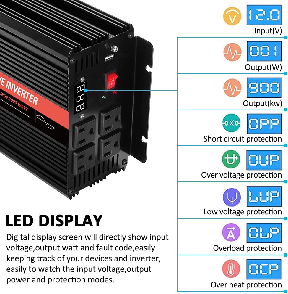 1000 Watt Pure Sine Wave Inverter 12v DC to 110/120v AC V14266