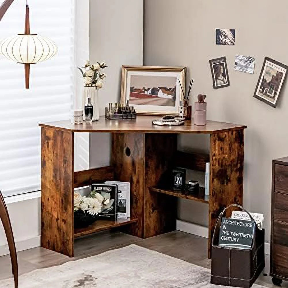 Corner Computer Desk Triangular Writing Desk with 2 Shelves Y49776