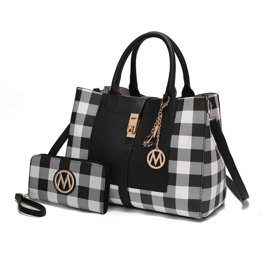 Vegan Leather Checkered Satchel Bag with Wallet 2 Piece Set N73922