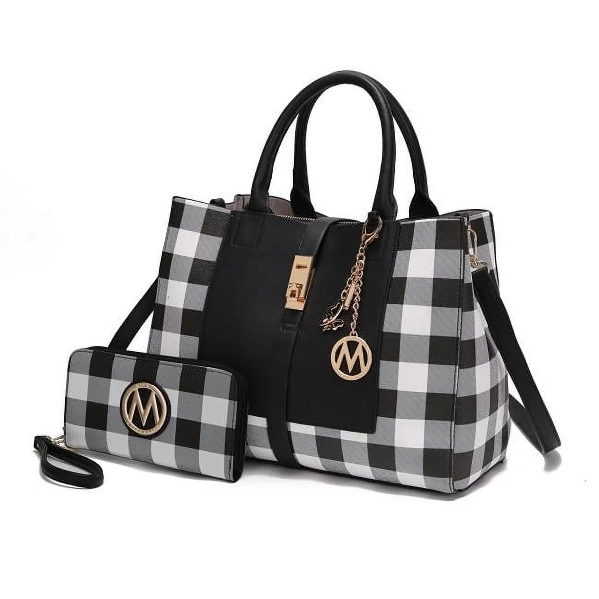 Vegan Leather Checkered Satchel Bag with Wallet 2 Piece Set N73922