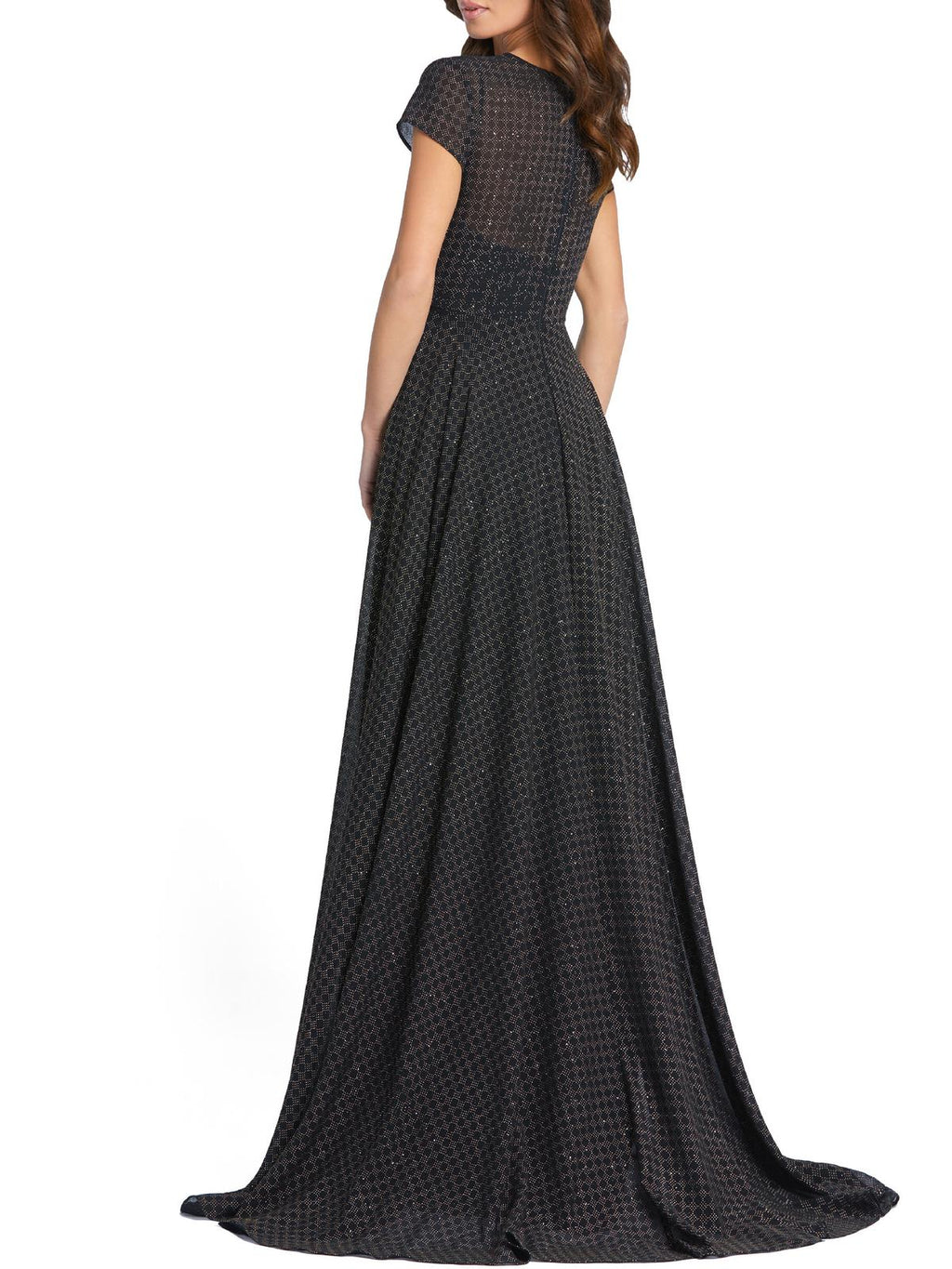 Patterned Short Sleeve A-Line Gown with Sweep Train D491286