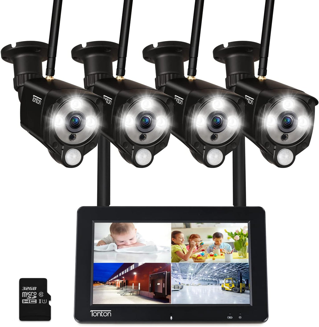 Portable LCD Security Camera System Wireless, 7" IPS Touchscreen Monitor with Battery, 4CH NVR and 4PCS 3MP Cameras with PIR Sensor, 32GB SD Card Included N4686