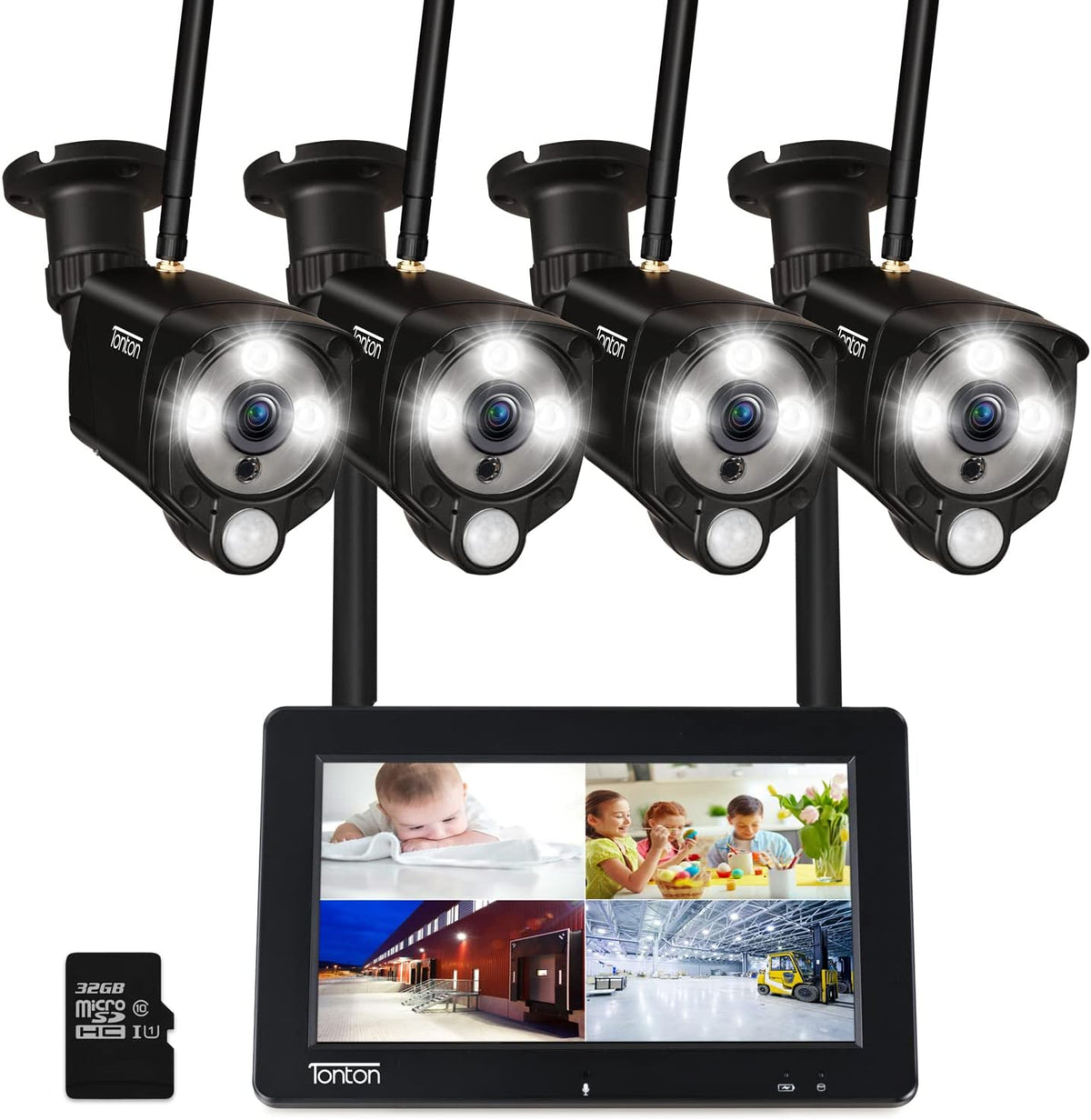 Portable LCD Security Camera System Wireless, 7" IPS Touchscreen Monitor with Battery, 4CH NVR and 4PCS 3MP Cameras with PIR Sensor, 32GB SD Card Included N4686