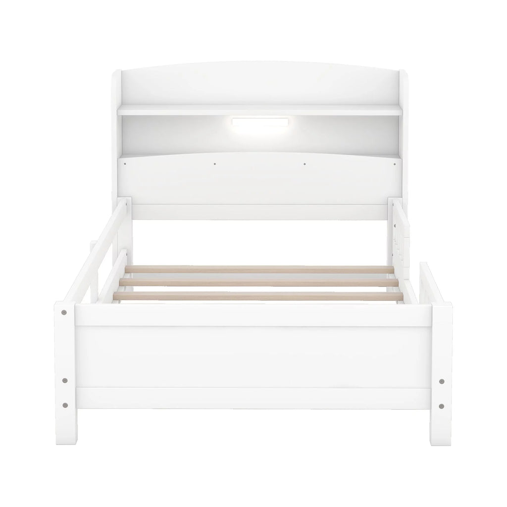 Twin Size Wood Platform Bed with Storage Headboard and Guardrail T152416