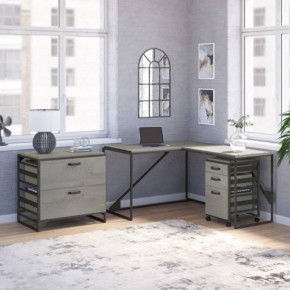 White L Shaped Industrial Desk with File Cabinets F932