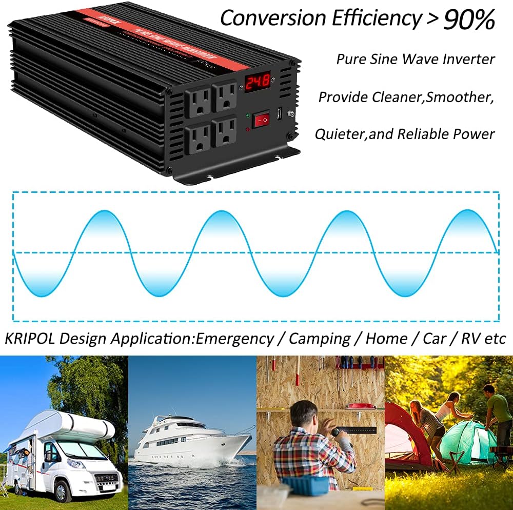 1000 Watt Pure Sine Wave Inverter 12v DC to 110/120v AC V14266