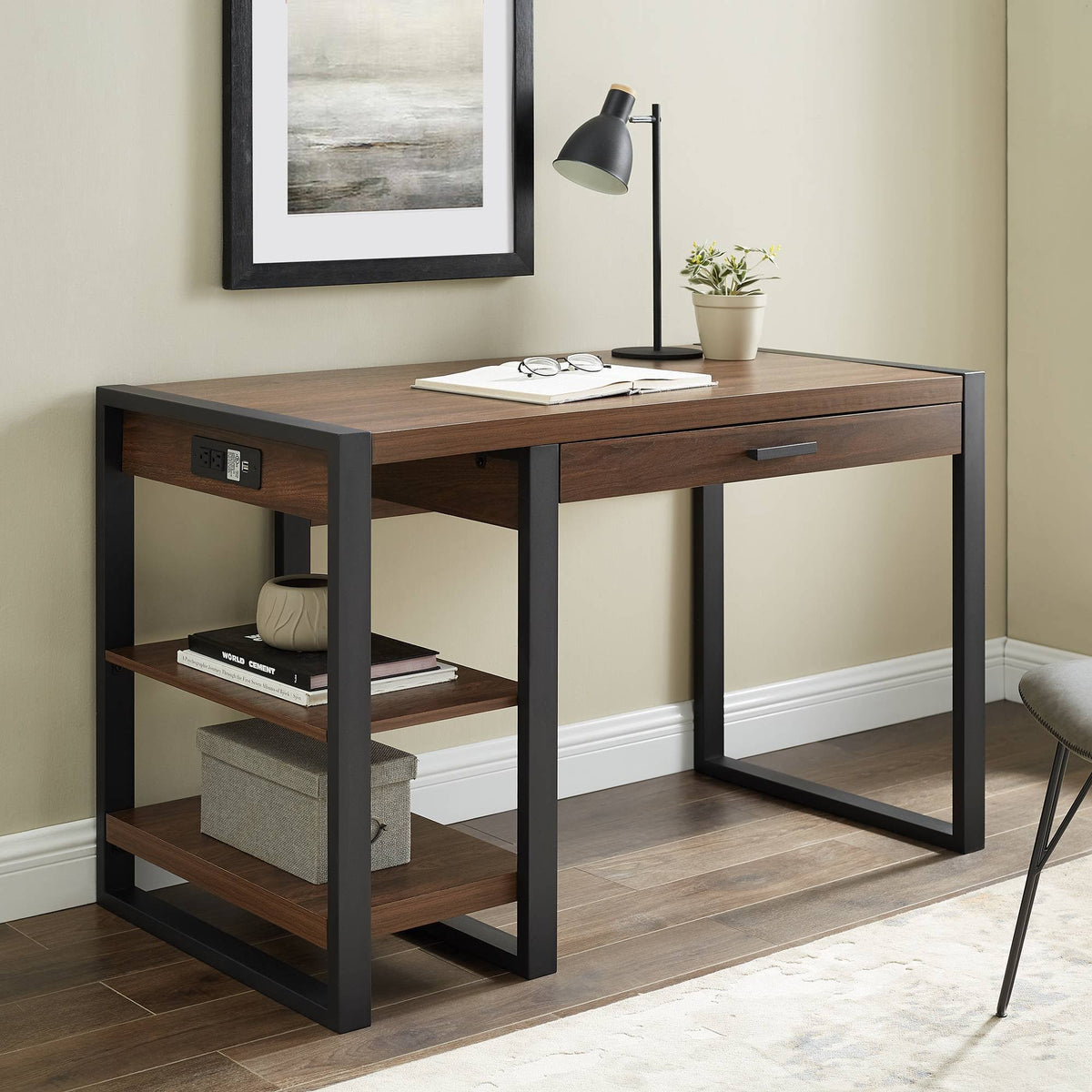 48x22 Industrial Farmhouse Tech Desk with USB Dark Walnut P5533