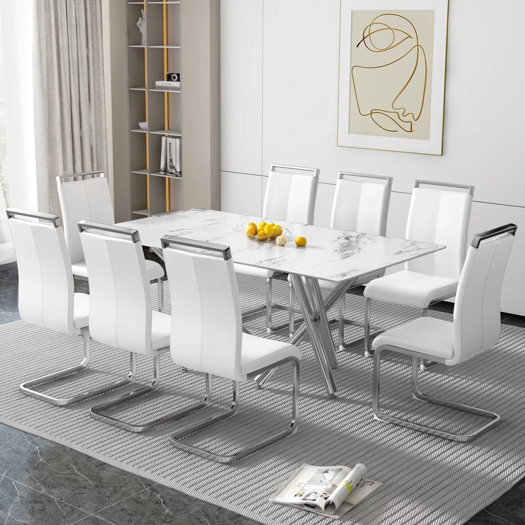 Rectangular Glass Dining Table for 6-8 People with Tempered Glass Top and Silver Metal Legs E722750