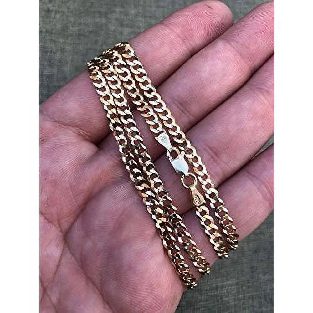 14k over solid 925 sterling silver flat cuban chain necklace J53676