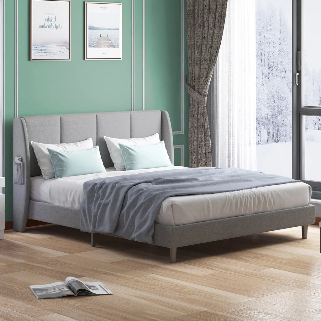 King Size Dark Gray Platform Bed Frame with Side Pockets O608