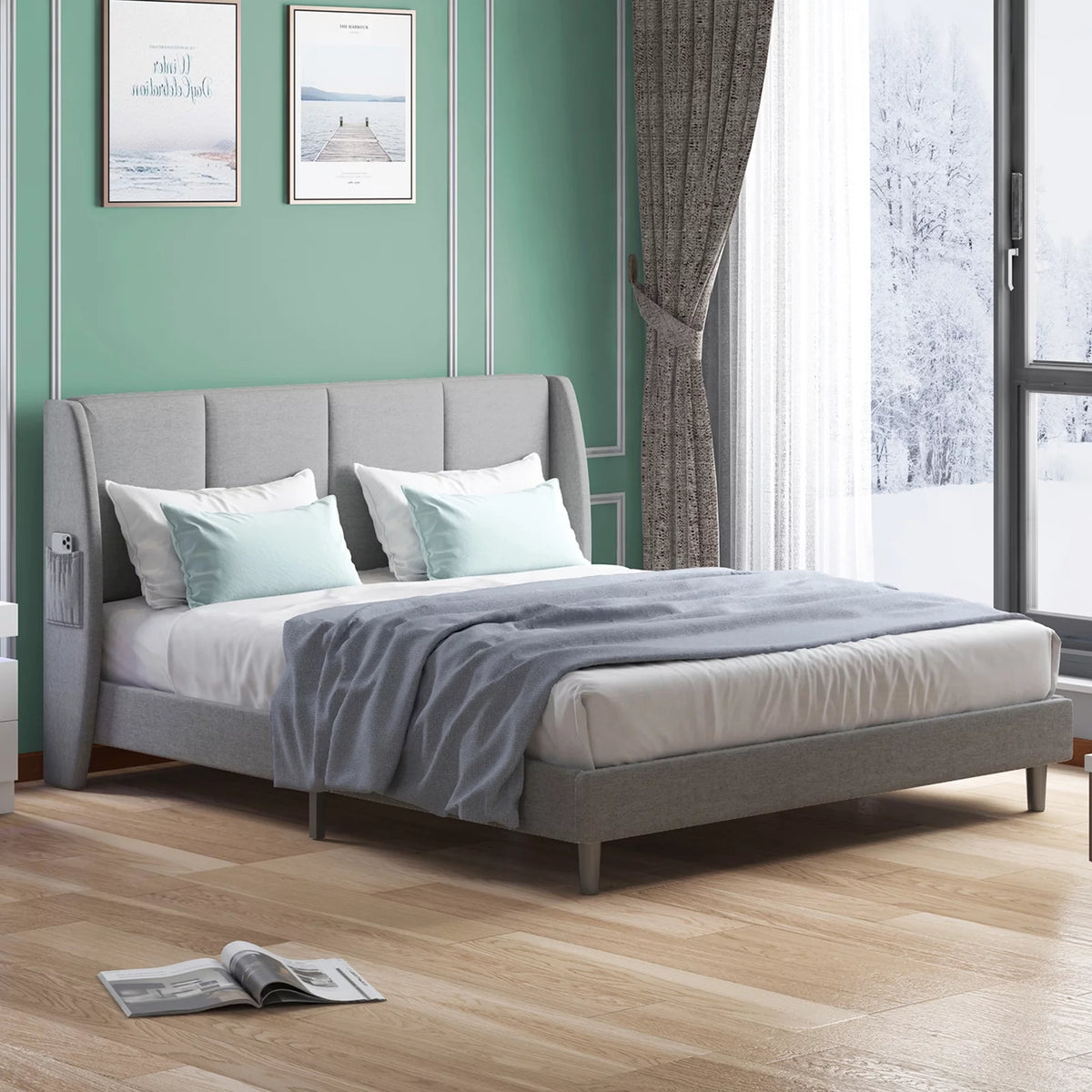 King Size Dark Gray Platform Bed Frame with Side Pockets O608