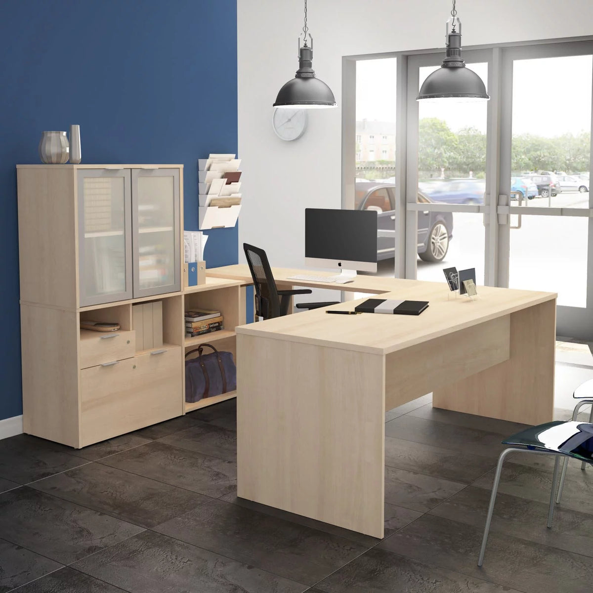 U Shape Computer Desk with Hutch H7321