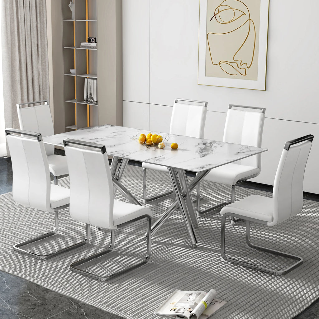 Rectangular Glass Dining Table for 6-8 People with Tempered Glass Top and Silver Metal Legs E722750