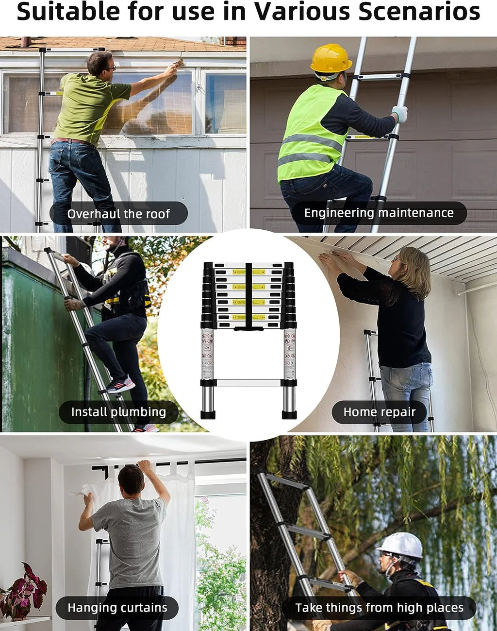 Telescoping Ladder, 12.5 FT Aluminum Heavy Duty 330 lbs Load E944795