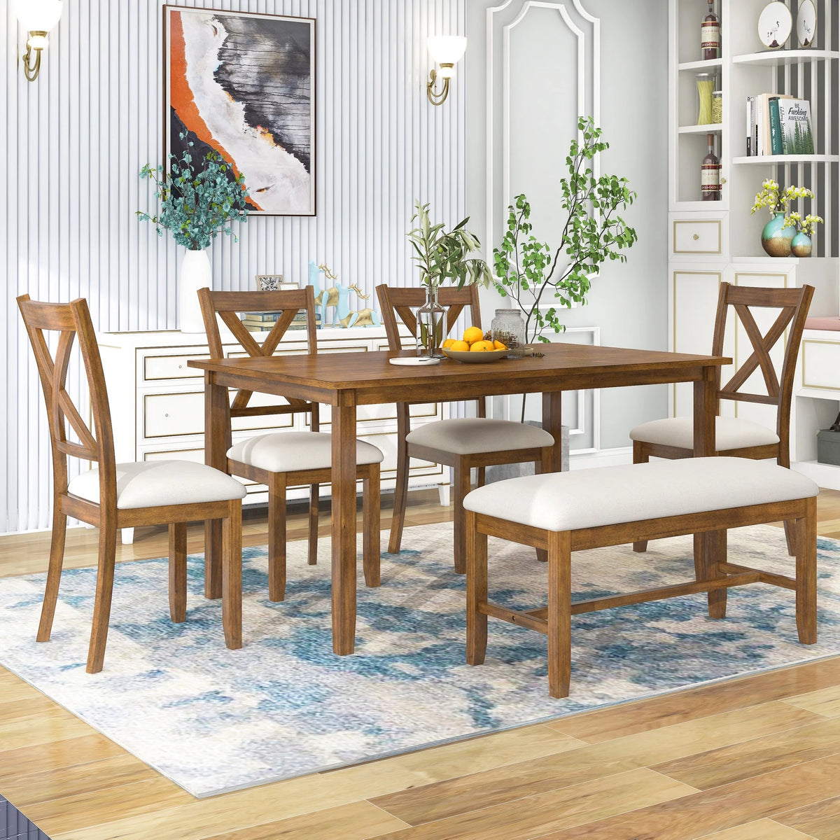6-Piece Wooden Dining Table Set with 4 Chairs and Bench S80421