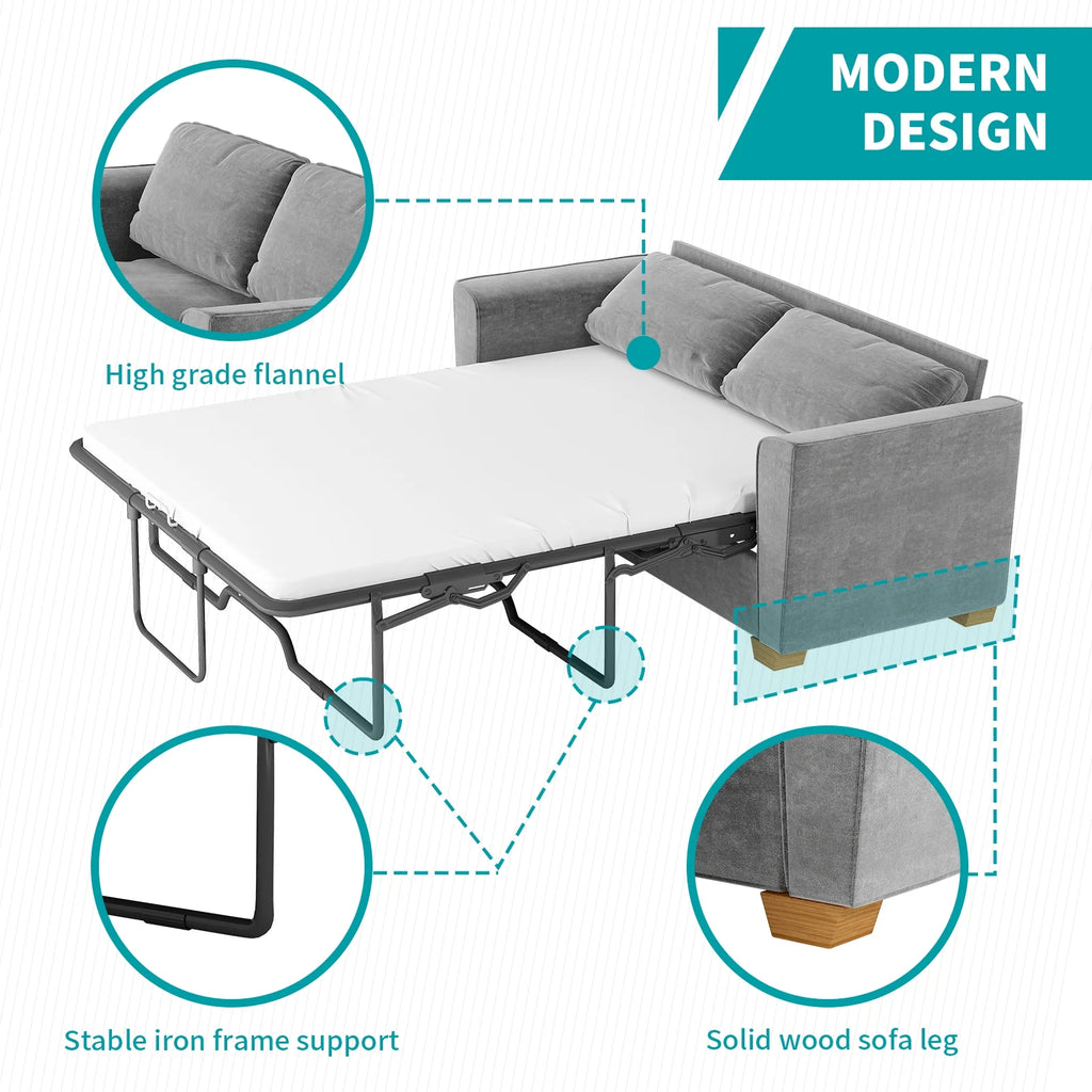 Grey Velvet Full Size Pull Out Sofa Bed with Foam Mattress I5427