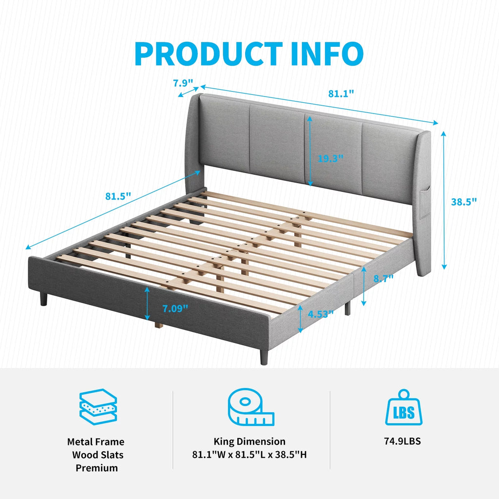 King Size Dark Gray Platform Bed Frame with Side Pockets O608