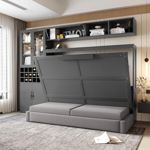 Grey Queen Size Murphy Bed with Sofa and Shelves E688
