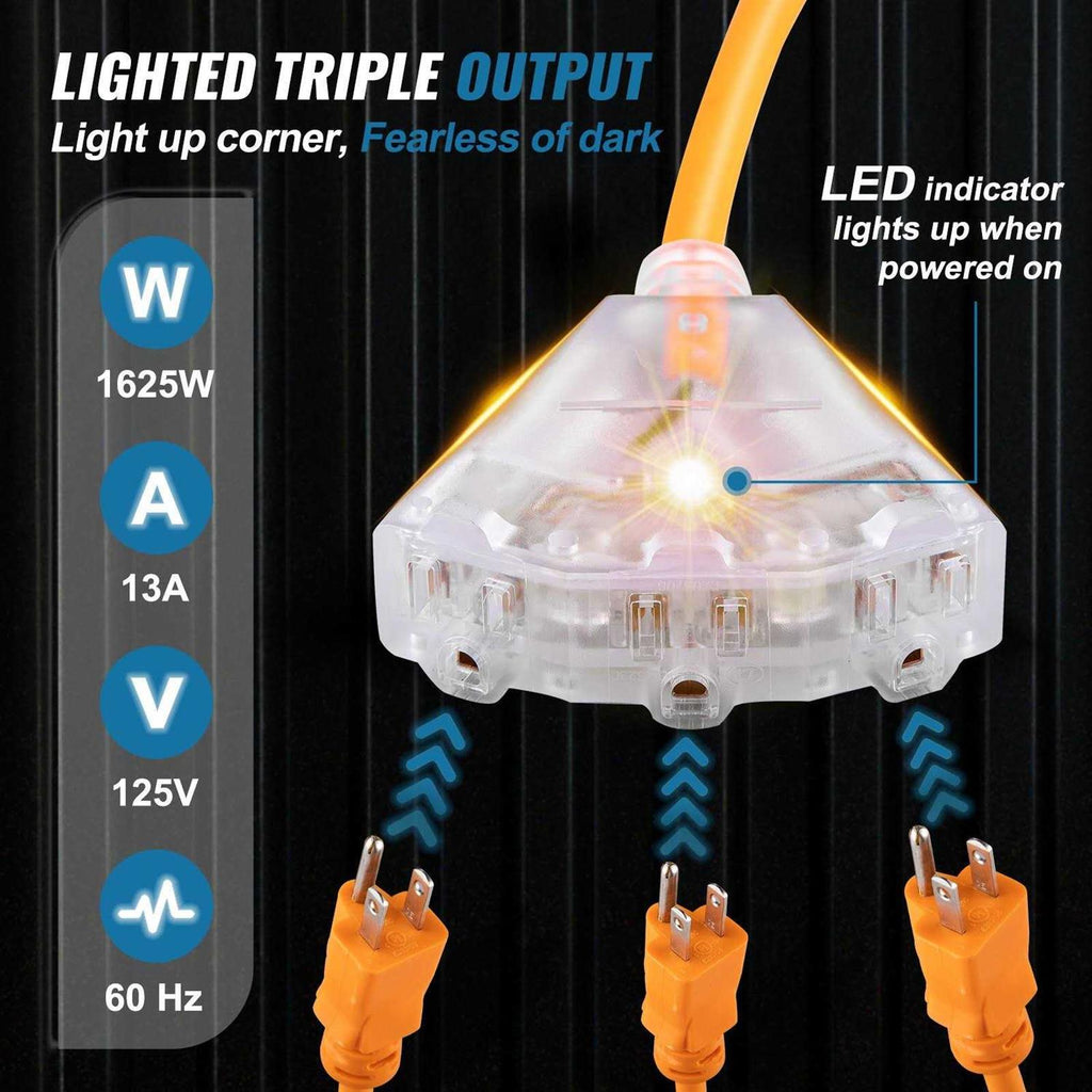 50 ft Heavy Duty 14AWG/3C SJTOW Retractable Extension Cord Reel with Lighted Triple Tap Outlet J25821