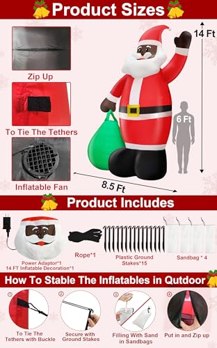 14 Ft by 8.5 Ft Giant Christmas Inflatable Santa Claus with Gift Bag Outdoor Decorations F12027