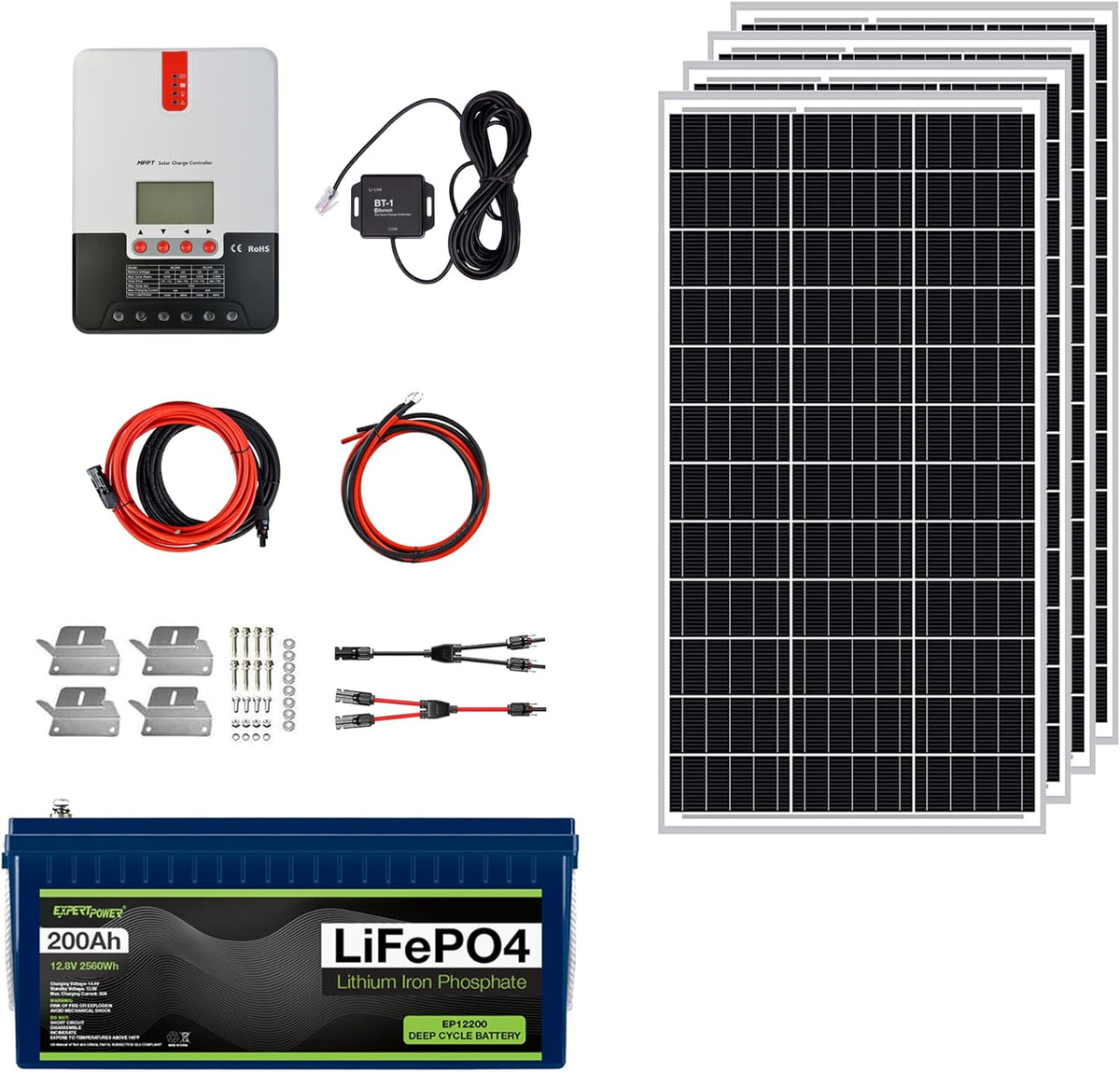 2.5KWH 12V LiFePO4 100Ah Solar Power Kit with 400W Mono Solar Panels, 30A MPPT Charge Controller, 3KW Pure Sine Wave Inverter S1372
