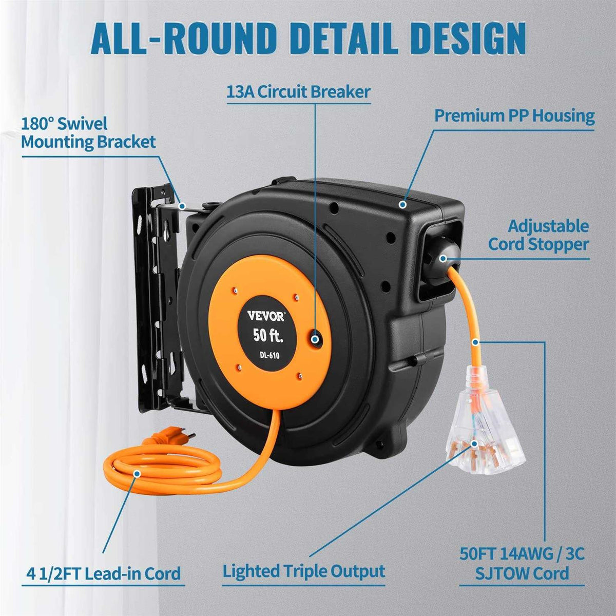 50 ft Heavy Duty 14AWG/3C SJTOW Retractable Extension Cord Reel with Lighted Triple Tap Outlet J25821
