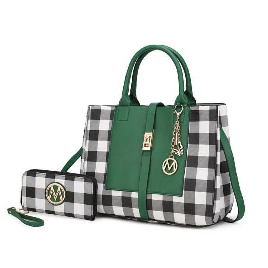 Vegan Leather Checkered Satchel Bag with Wallet 2 Piece Set N73922