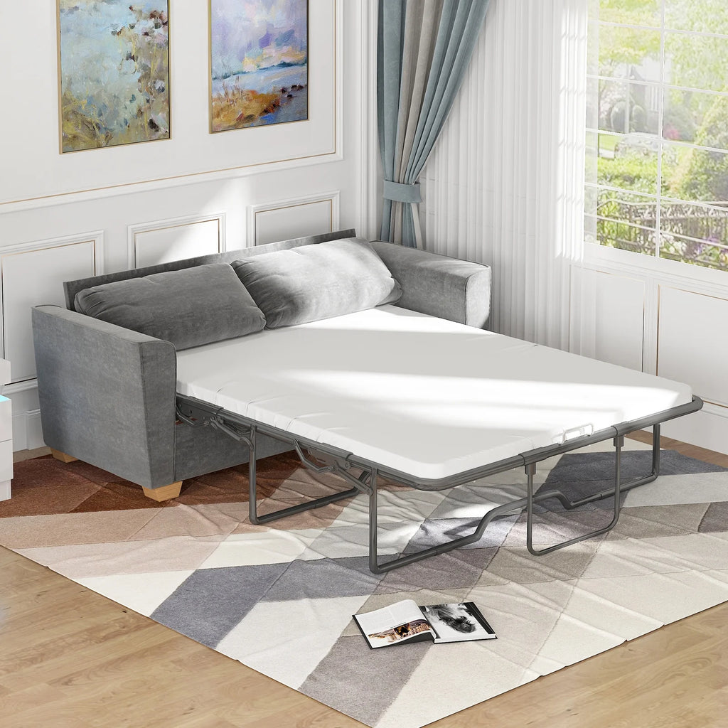 Grey Velvet Full Size Pull Out Sofa Bed with Foam Mattress I5427